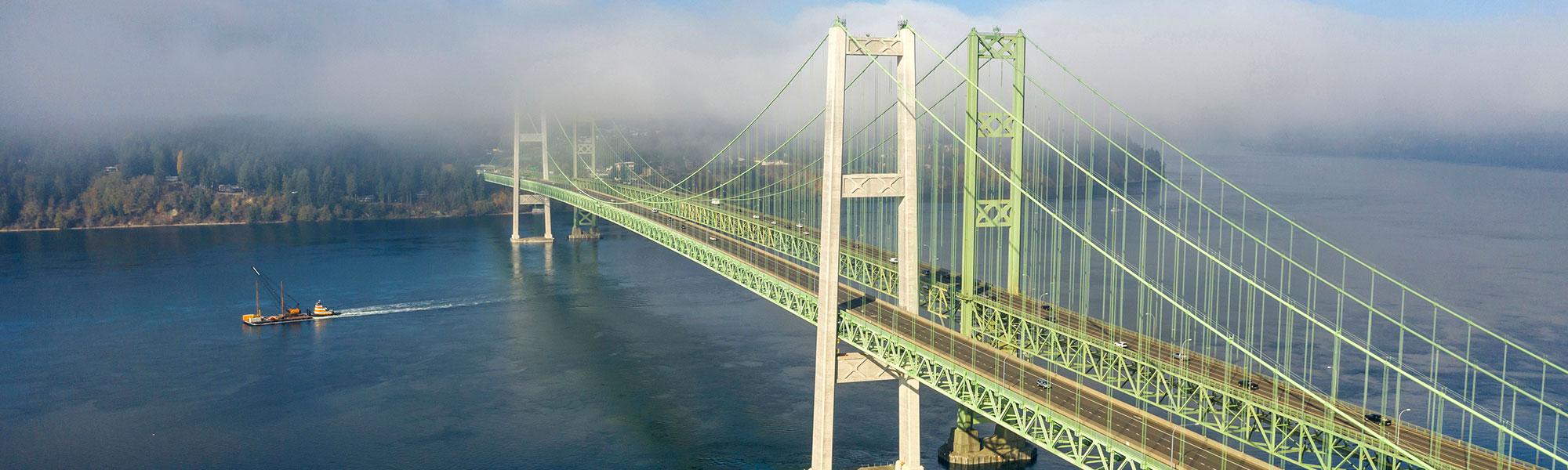 Aerial photo of the Tacoma Narrows Bridge